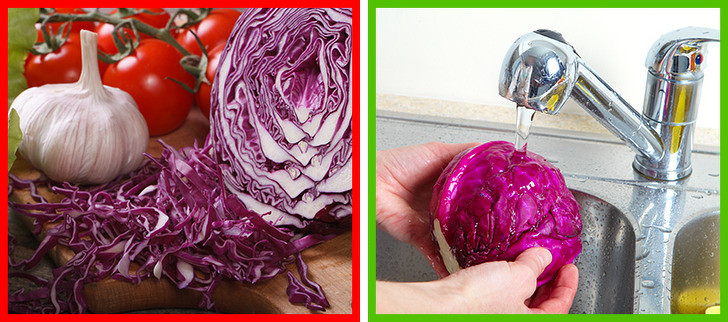 Cải bắp: Dù là loại bắp cải nào đi nữa thì bạn cũng cần phải biết cách rửa rau thật kĩ lưỡng. Nếu bạn muốn nấu bắp cải tím hoặc trắng, bạn phải loại bỏ 2 lớp ngoài cùng vì chúng có thể ẩn chứa nhiều bụi bẩn, cắt bắp cải thành từng miếng rồi rửa dưới vòi nước chảy.