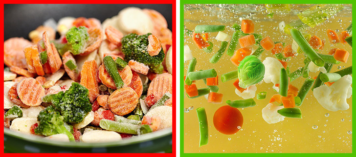 Trái cây và rau đông lạnh: Rau quả đông lạnh thực sự làm cho cuộc sống của chúng ta dễ dàng hơn: bạn chỉ cần cho chúng vào chảo và đun sôi. Tuy nhiên trước khi đem đông lạnh, bạn cần rửa sạch thực phẩm bằng nước. Nếu làm đúng quy trình này thì khi nấu bạn không cần rửa lại.