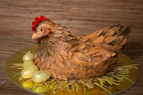 Bánh hình gà mái đẻ trứng vàng.