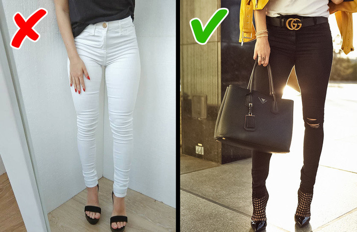 Quần jean bó sát màu sáng: Quần jean bó là một trong những xu hướng thời trang phổ biến đối với phụ nữ. Tuy nhiên, loại quần này có thể làm bạn trông béo hơn néu chọn những màu sáng, đặc biệt là màu trắng. Do vậy, bạn chỉ chọn mặc những màu tối.