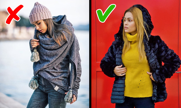 Khăn len quá khổ: Chiếc khăn rộng quàng cổ trùm kín cả vai làm cho một bộ trang phục rất ấm cúng. Tuy nhiên, kiểu thời trang thu đông này sẽ làm mất cân đối vóc dáng của bạn khi phần trên quá cồng kềnh.