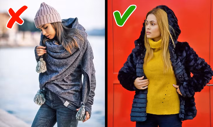Khăn len quá khổ: Chiếc khăn rộng quàng cổ trùm kín cả vai làm cho một bộ trang phục rất ấm cúng. Tuy nhiên, kiểu thời trang thu đông này sẽ làm mất cân đối vóc dáng của bạn khi phần trên quá cồng kềnh.