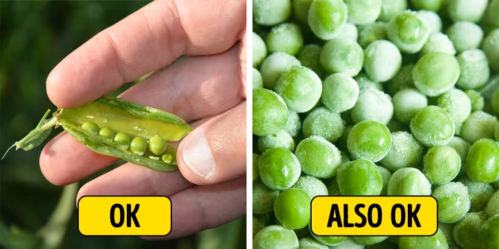 Đậu Hà Lan đông lạnh: Loại đậu này vẫn giữ được giá trị dinh dưỡng trong quá trình đông lạnh. Nó rất tiện lợi trong quá trình nấu nướng.