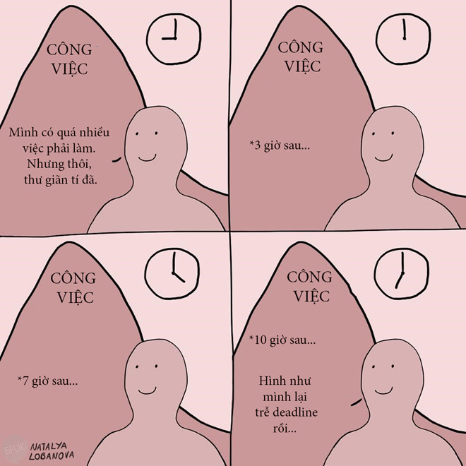 Nhiều người lạ lắm, suốt ngày than phiền công việc bận rộn, bừa bộn nhưng lại không tranh thủ giải quyết. Đến khi "nước đến chân mới nhảy", lúc đó lại than vãn đủ điều. Dù gì cũng muộn rồi, phạt cho chừa!