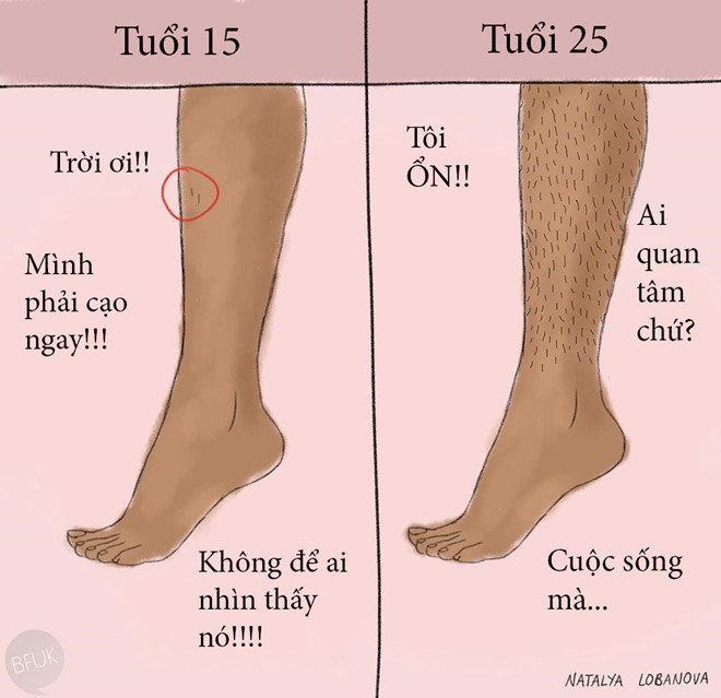 Con gái thường mặc cảm vì chân nhiều lông, nhất là khi mới dậy thì. Rồi họ vướng vào chuỗi ngày cạo, wax... đủ kiểu. Đến thời điểm nào đó, bất chợt họ nhận ra rằng ai quan tâm đâu? Thôi cứ tự nhiên cho cuộc sống tươi đẹp vậy!
