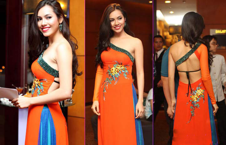 Á hậu Hoàng My gây tranh cãi khi mặc áo dài hở nhiều da thịt. 