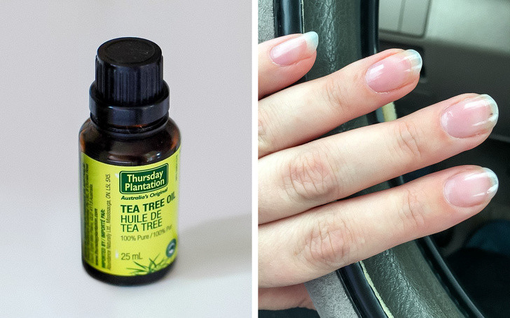 Tinh dầu trà có đặc tính kháng khuẩn và kháng nấm rất mạnh. Bạn cần pha 2 giọt tinh dầu trà với 1/2 thìa cà phê dầu ô liu hoặc dầu hạnh nhân hay dầu dừa, thoa đều lên móng và vùng da xung quanh rồi massage nhẹ nhàng.