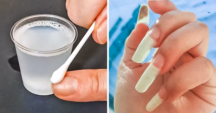 Giấm táo có tác dụng tích cực trong quá trình kích thích tăng trưởng móng và làm trắng móng tay bị ố vàng. Bạn hãy cho một thìa giấm táo vào ly nước ấm, chấm tăm bông vào ly rồi thoa đều lên móng.