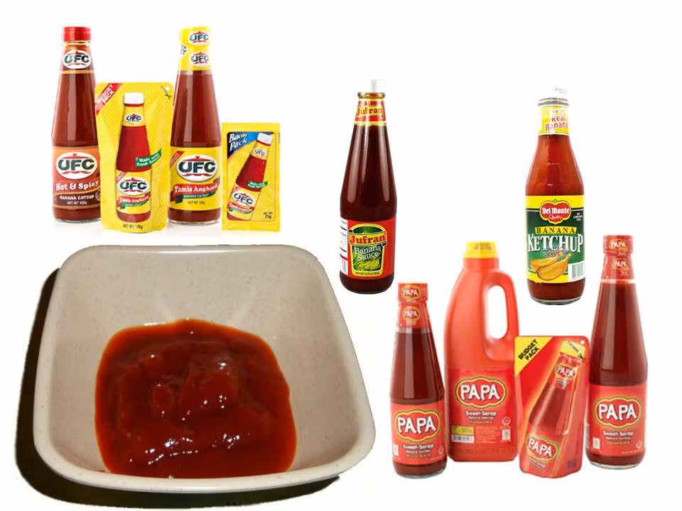Sốt ketchup chuối: Ở Philippines có loại ketchup đặc biệt được làm từ chuối. Tuy màu đỏ giống như ketchup cà chua nhưng vị ngọt hơn và cảm nhận được vị chuối khá đậm đà. Màu đỏ chỉ là chất tạo màu vì khách hàng đã quá quen với màu ketchup cà chua đỏ.