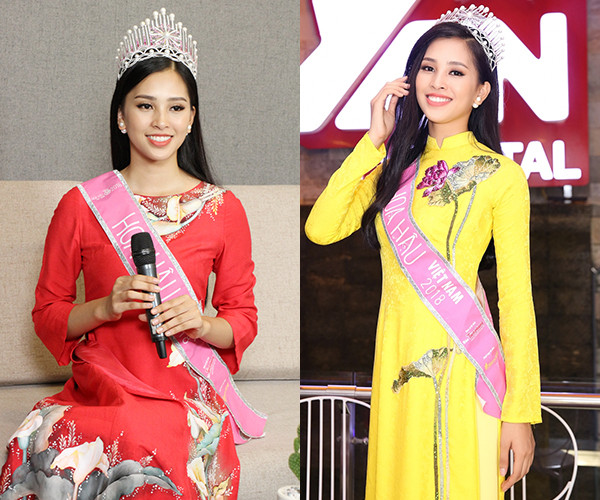 Ngoài váy, Hoa hậu 2018 cũng thường diện các kiểu áo dài với nhiều màu sắc rực rỡ như hồng, đỏ, vàng, xanh...