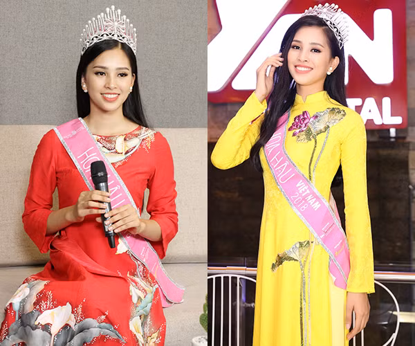 Ngoài váy, Hoa hậu 2018 cũng thường diện các kiểu áo dài với nhiều màu sắc rực rỡ như hồng, đỏ, vàng, xanh...