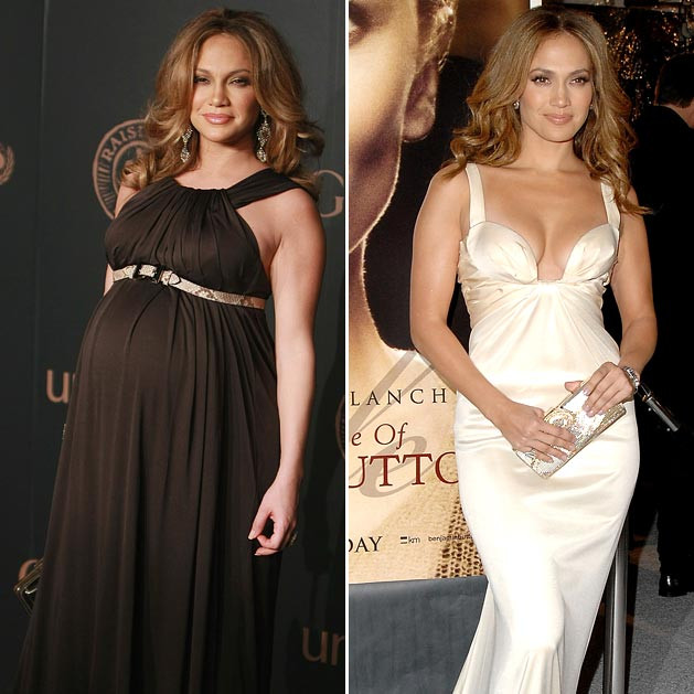 Jennifer Lopez cũng mang thai đôi và đã tăng lên khoảng 23kg trong suốt quá trình bầu bí. Sau sinh, cô thường xuyên tập gym, khiêu vũ, đạp xe để lấy lại được vóc dáng nóng bỏng, đặc biệt là vòng 3 săn chắc và cân nặng lý tưởng 55kg.