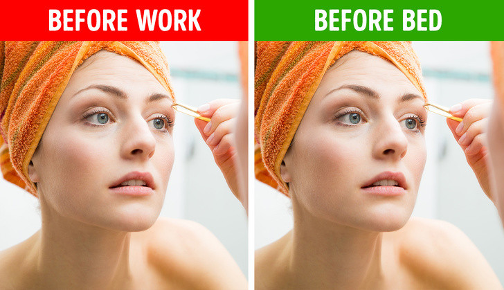 Tỉa lông mày trước khi trang điểm: Tốt nhất là không sửa lông mày khi trang điểm. Nếu vẫn quyết định tỉa lông mày, bạn nên đợi ít nhất 2 giờ sau đó rồi mới trang điểm.