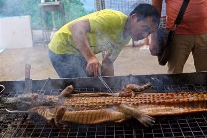 Món cá sấu nướng nguyên con xuất hiện không ít lần trong các bữa tiệc hay hội chợ ẩm thực ở Trung Quốc.