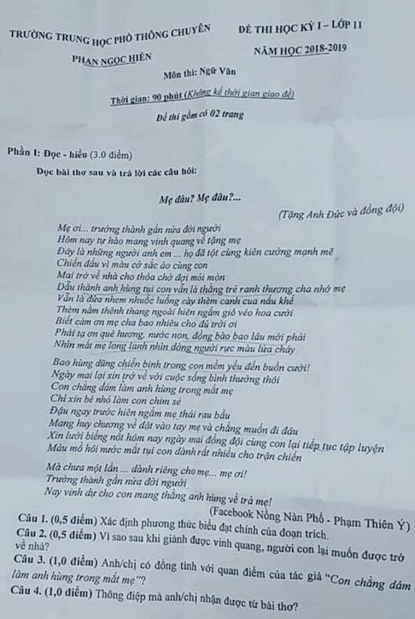 Truong chuyen dua bai tho tim me cua Anh Duc vao de thi hoc ky