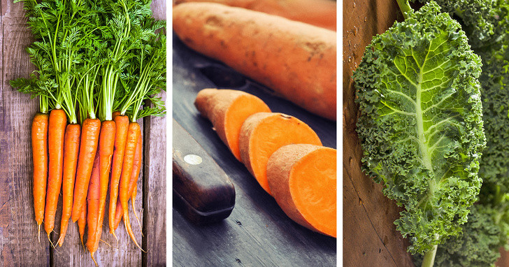  Bổ sung beta carotene và vitamin A: Theo một nghiên cứu gần đây được thực hiện tại Viện Y tế Quốc gia Mỹ, sự kết hợp của beta carotene và vitamin A có trong nhiều loại thực phẩm, có thể ngăn ngừa và sửa chữa sự lão hóa của da. Cả beta carotene và vitamin A đều có mặt trong các loại thực phẩm như cà rốt, khoai lang, cải xoăn, rau bina, dưa đỏ và mơ. 