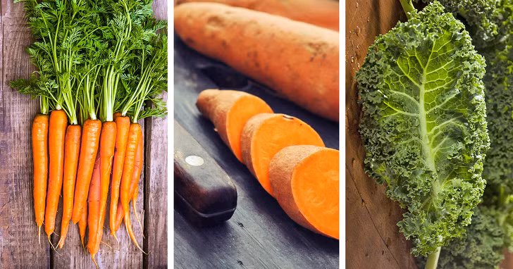  Bổ sung beta carotene và vitamin A: Theo một nghiên cứu gần đây được thực hiện tại Viện Y tế Quốc gia Mỹ, sự kết hợp của beta carotene và vitamin A có trong nhiều loại thực phẩm, có thể ngăn ngừa và sửa chữa sự lão hóa của da. Cả beta carotene và vitamin A đều có mặt trong các loại thực phẩm như cà rốt, khoai lang, cải xoăn, rau bina, dưa đỏ và mơ. 