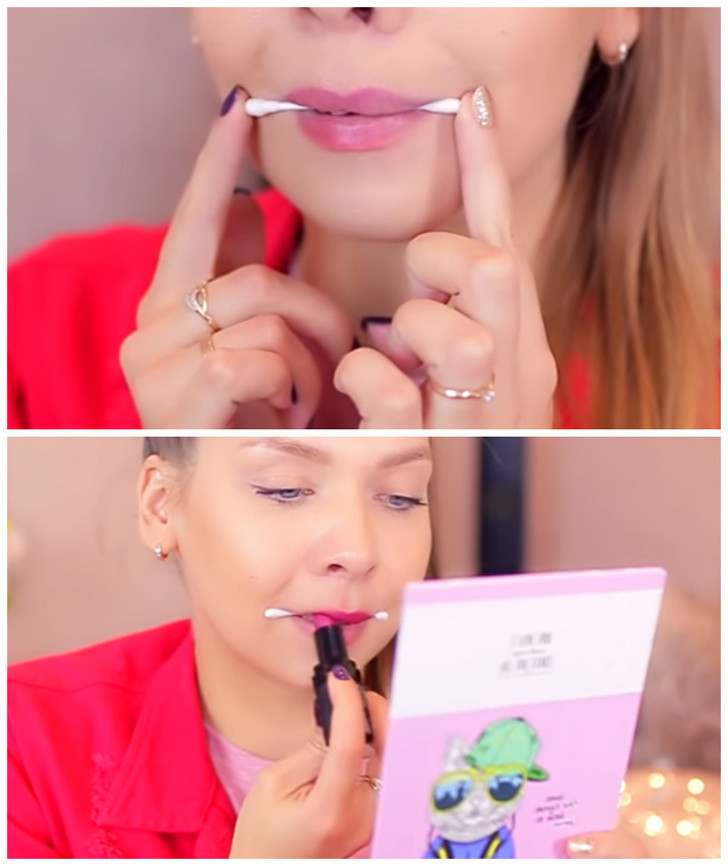 Dùng tăm bông ngăn son lem: Để ngăn không cho son môi nhòe ở khóe môi, hãy giữ một chiếc tăm bông giữa miệng rồi tô son môi. Với mẹo làm đẹp này, bạn tô son môi dễ dàng mà không sợ lem.