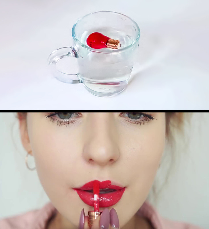 Mẹo cứu lọ son bị khô: Hãy đặt lọ son bị khô vào bát nước nóng (không phải nước sôi) và giữ nó ở đó trong 3 phút. Sau đó, bạn dùng son như bình thường.