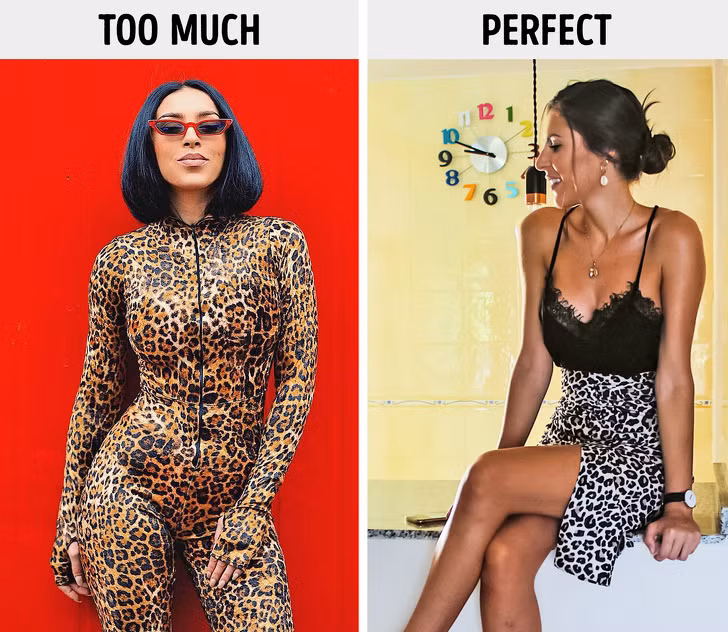 Quần áo họa tiết da động vật: Theo Tạp chí Vogue, họa tiết da động vật là thiết kế thời thượng nhưng khá khó mặc. Tốt nhất là bạn chỉ nên chọn một chi tiết trong bộ trang phục có họa tiết này như chân váy, quần, áo, túi xách...