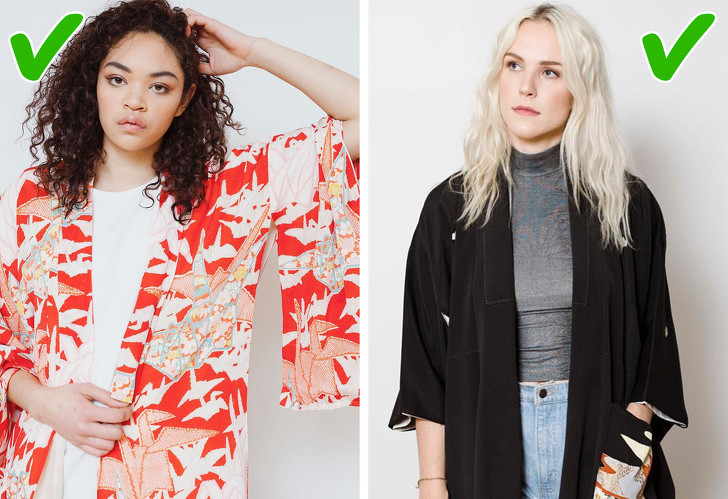 Áo khoác kimono: Các chuyên gia tại tạp chí Vogue khuyên bạn hãy mặc một một chiếc kimono khi diện set đồ đơn giản. Nhưng hãy lưu ý, không nên chọn thiết kế quá nhiều chi tiết.