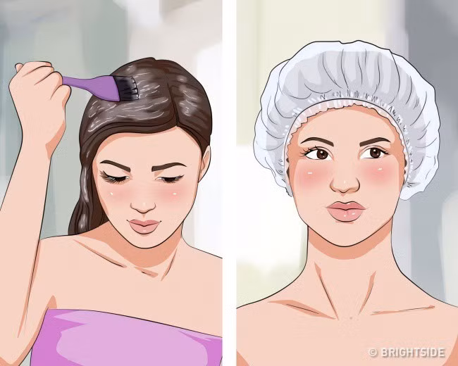 Dùng dầu dưỡng làm mặt nạ tóc: Trộn dầu oliu, dầu thầu dầu, dầu ngưu bàng với tỷ lệ bằng nhau. Lượng dầu phụ thuộc vào độ dài, dày của mái tóc bạn. Hãy bôi dầu lên toàn bộ mái tóc. Quấn tóc trong một chiếc khăn ấm, giữ nguyên trong vòng 40 phút. Sau đó, gội sạch.