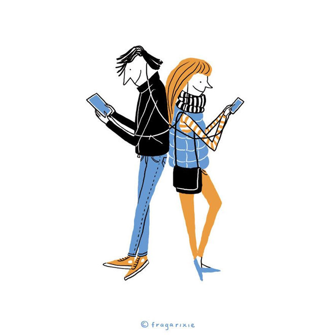 Các đôi yêu nhau hẹn ra ngoài thì cũng chăm chú vào smartphone. Anh bận trả lời tin nhắn của bạn thân, em phải đáp lại bình luận về ảnh đại diện mới thay. Tình yêu thời công nghệ khiến hai người càng thêm xa cách. *) Title do Kiến Thức biên tập lại