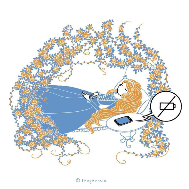 Tác giả bộ tranh mượn câu chuyện công chúa ngủ trong rừng để nói về tác động của smartphone: Thực ra cô ta không chịu thức dậy chỉ vì điện thoại sập nguồn. Nếu tỉnh dậy, công chúa không có mạng xã hội, phần mềm chụp ảnh sống ảo thì ngủ luôn cho rồi.