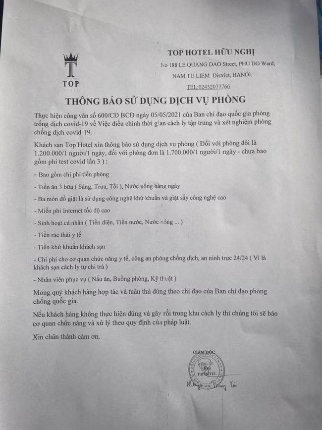 Khach san Top Hotel Ha Noi “thu phi cho cong an, y te chong dich“: Do loi 