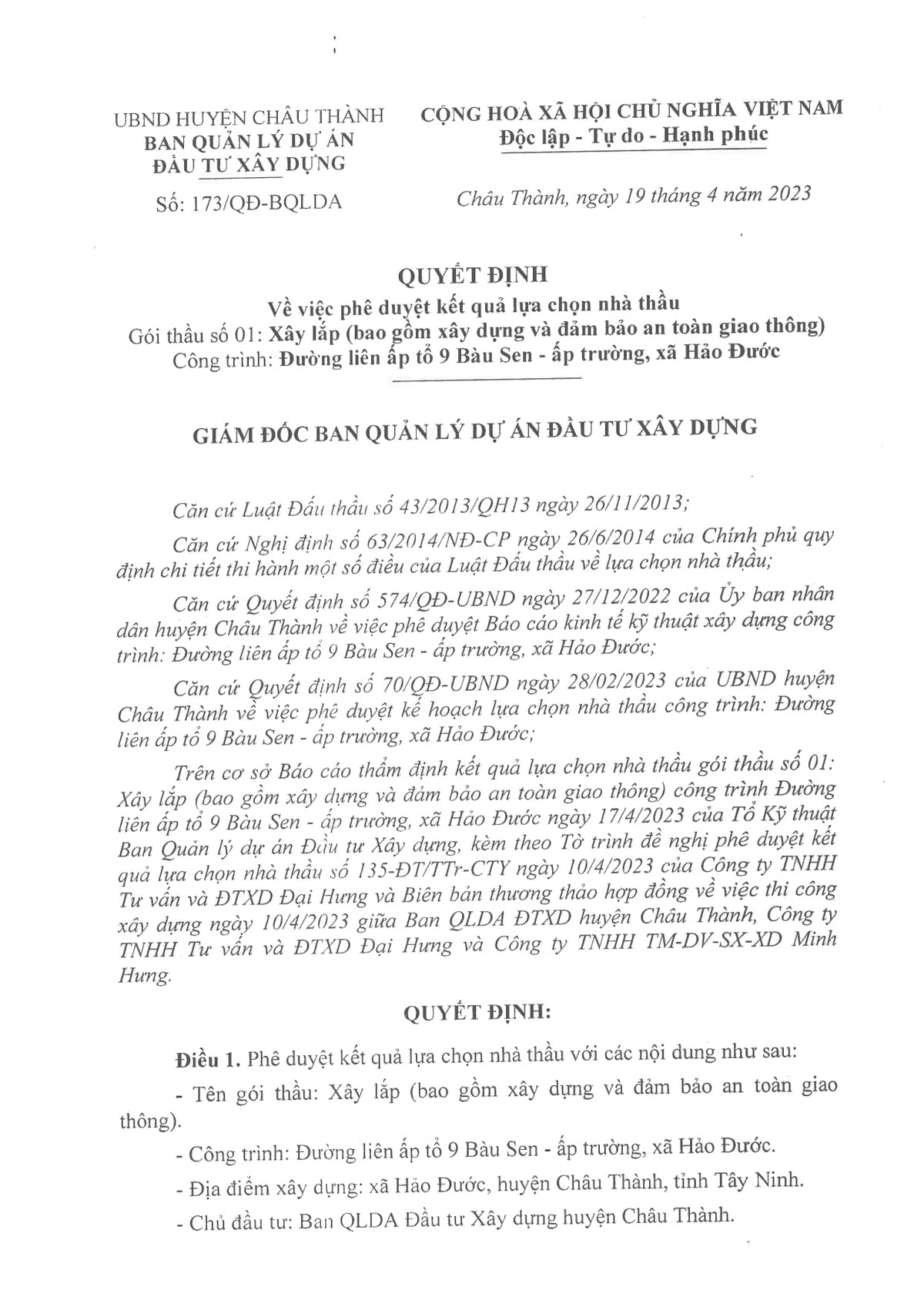 Tay Ninh: Cty Minh Hung “nha thau ruot” cua don vi moi thau Dai Hung?