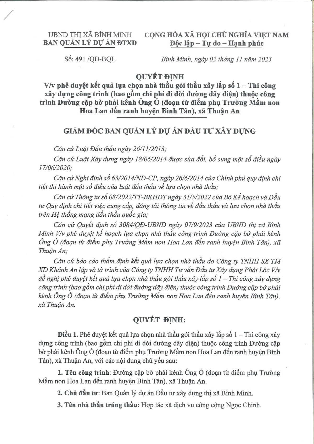 Vinh Long: HTX Ngoc Chinh trung thau “ap dao” tai Ban QLDA TX Binh Minh