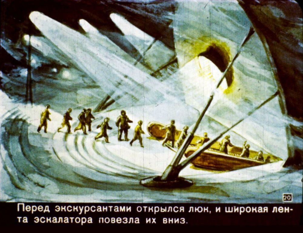 Mọi người đang đi xuống cầu thang cuốn dẫn tới một thành phố ngầm.