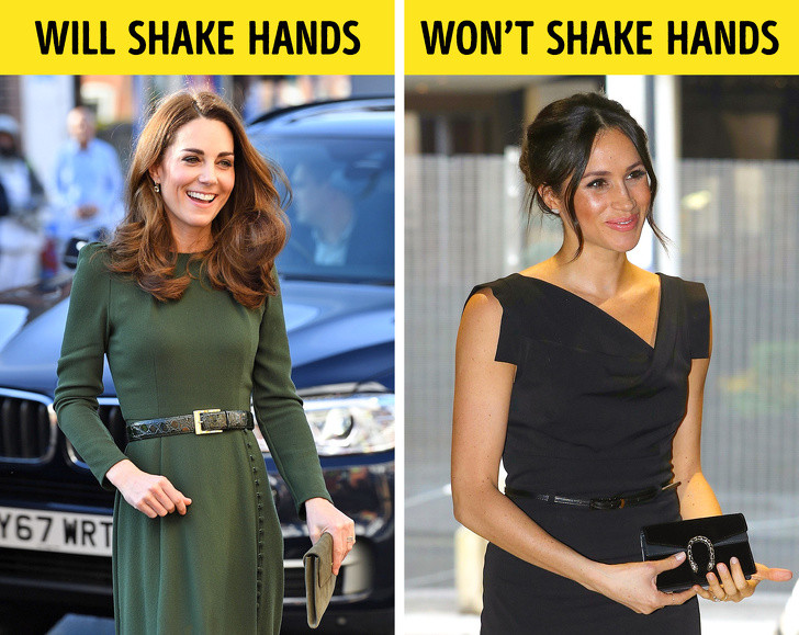 Hoàng gia Anh cũng có quy định đối với phụ kiện trang phục. Công nương Kate và Công nương Meghan Markle luôn phải mang theo một chiếc ví cầm tay nhỏ (Clutch) bên mình khi đi ra ngoài. Chiếc túi này có thể được sử dụng để giúp họ tránh những tình huống khó xử, chẳng hạn như giúp họ tránh bắt tay nếu muốn (khi sử dụng túi clutch cầm bằng hai tay). Ảnh: BS.