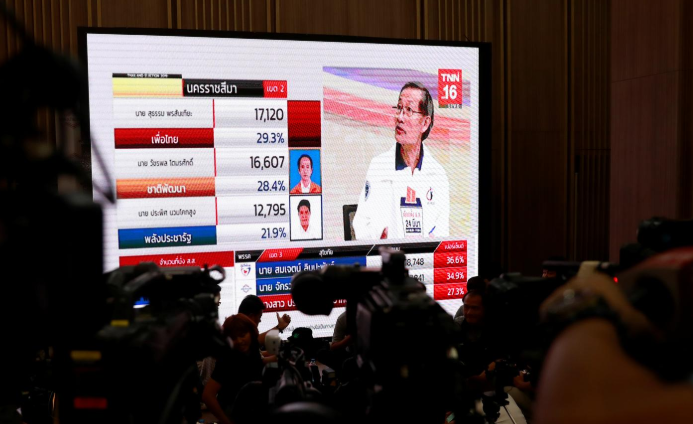 Các phóng viên chờ kết quả cuộc bầu cử ở Thái Lan hôm 24/3. Ảnh: Reuters.