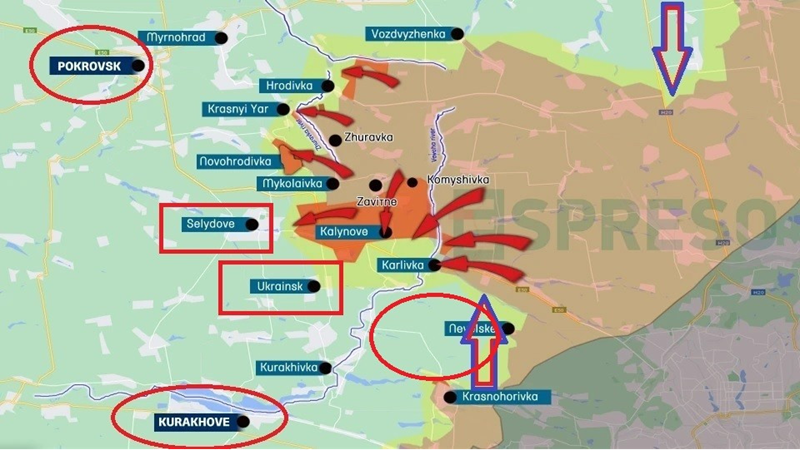 “Xương sống hậu cần của Ukraine tại Donetsk đang bị đe dọa”, nhóm phân tích Frontelligence Insight của Ukraine giải thích. Pokrovsk “đã trở thành một trung tâm phân phối đường sắt và giao hàng quan trọng, tạo điều kiện thuận lợi cho việc cung cấp cho lực lượng Ukraine trên một chiến tuyến rộng lớn”. Ảnh: Espreso.tv.