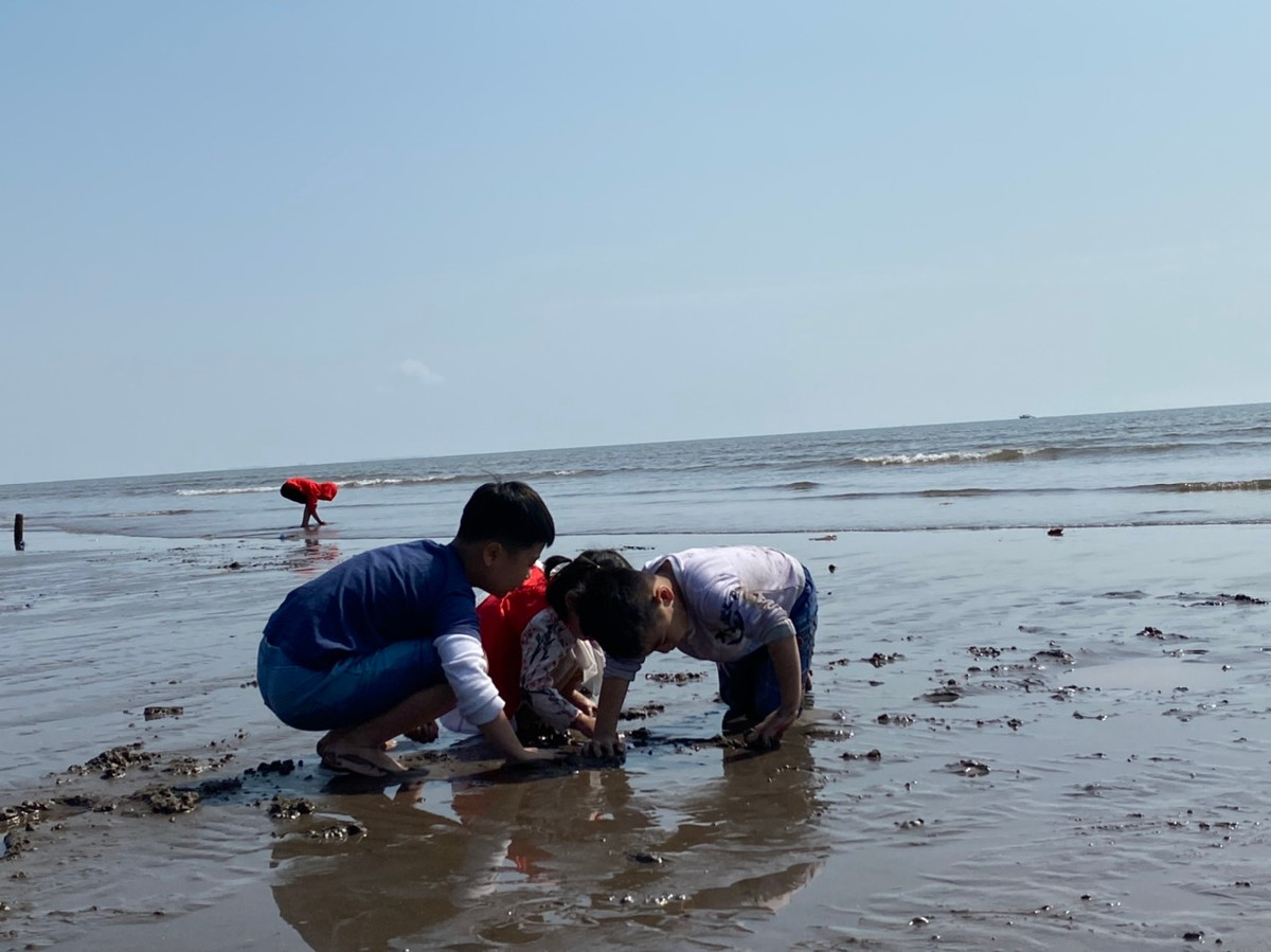 Những đưa trẻ được phụ huynh cho vui chơi thỏa thích trên bãi biển Quất Lâm vào những ngày đầu năm mới Tân Sửu