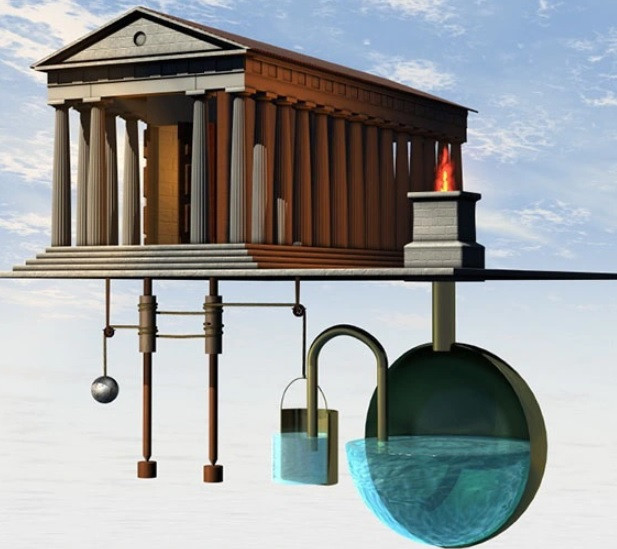 Cửa tự động tại đền thờ là một sáng chế đi trước thời đại của người Hy Lạp cổ đại. Nhà kỹ sư, toán học nổi tiếng Heron được cho là "cha đẻ" của phát minh này. Khi có người thắp lửa vào chiếc chậu thau trong đền thờ, áp suất không khí trong chậu sẽ bơm những tia nước nhỏ xuống bình chứa. Bình chứa này được nối với hệ thống dây và ròng rọc. Dưới áp lực của bình chứa, cánh cửa sẽ được mở ra.