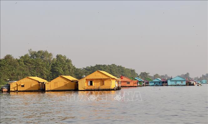 Nhiều bè cá trên sông Châu Đốc được sơn nhiều màu đẹp mắt.