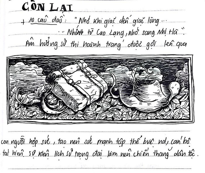 Vẫn là nhiệm vụ trả lời các câu hỏi cho trước trong sách giao khoa, thế nhưng giờ đây quyển vở soạn văn trở nên sống động hơn hẳn nhờ những hình vẽ bay bổng, sáng tạo và đẹp mắt. Bên cạnh đó, đây không chỉ là những hình vẽ cho vui mà còn có liên quan mật thiết đến nội dung bài học, thể hiện sự nghiên cứu tìm tòi tác phẩm một cách rất nghiêm túc của người vẽ nên chúng. Có lẽ nếu sở hữu một quyển vở soạn văn như thế này, rất nhiều người sẽ muốn ngày nào cũng có môn văn để được mở nó ra khi học bài. 