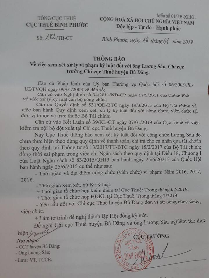 Xem xét kỷ luật Chi cục trưởng thuế Bình Phước do ăn chặn tiền nhân viên - Hình 2 Xem xet ky luat Chi cuc truong thue Binh Phuoc do an chan tien nhan vien-Hinh-2