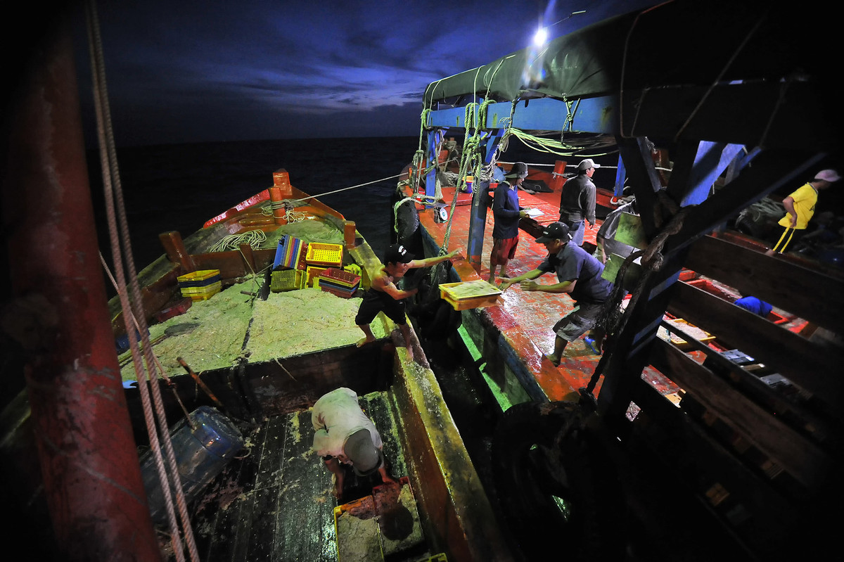 Công việc này nặng nhọc và phức tạp, đòi hỏi sự phối hợp nhịp nhàng giữa người điều khiển dây ròng rọc, người thắt nút dây đáy, người dùng lực đẩy đục đáy để tuôn hải sản từ đáy ra boong ghe.