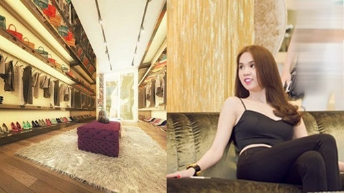 Hình ảnh phòng thay đồ với hàng loạt kệ để bộ sưu tập túi xách, giày dép, trang phục trị giá hàng tỷ đồng trong căn hộ mới của Ngọc Trinh (ảnh trái) được một người bạn của cô khi đến thăm nhà chụp lại.