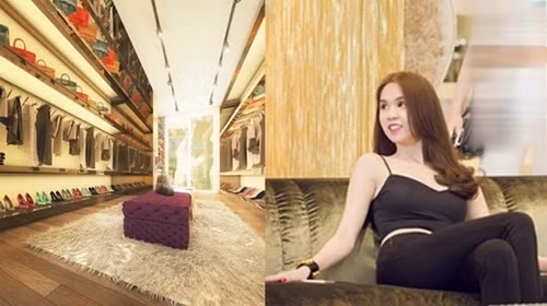 Hình ảnh phòng thay đồ với hàng loạt kệ để bộ sưu tập túi xách, giày dép, trang phục trị giá hàng tỷ đồng trong căn hộ mới của Ngọc Trinh (ảnh trái) được một người bạn của cô khi đến thăm nhà chụp lại.