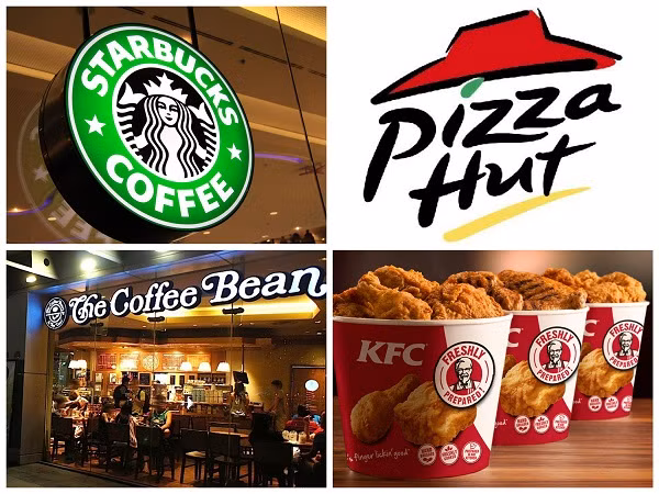 Trong lĩnh vực thực phẩm và giải khát, các thương hiệu lớn của Mỹ như KFC, Burger King, Pizza Hut, Starbucks, Coffee Bea &amp; Tea Leaf, McDonalds đã có mặt và không ngừng lớn mạnh tại Việt Nam.