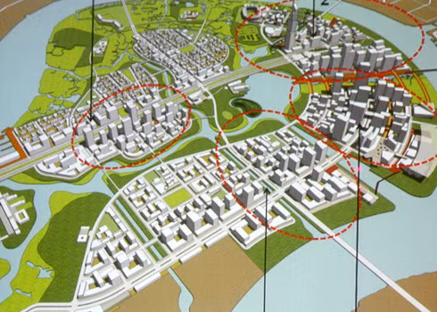 Cụm dự án dự kiến khởi công dự án vào quý 4/2015 và hoàn thành toàn bộ vào năm 2022 theo từng giai đoạn. Ảnh phối cảnh KĐT Thủ Thiêm.