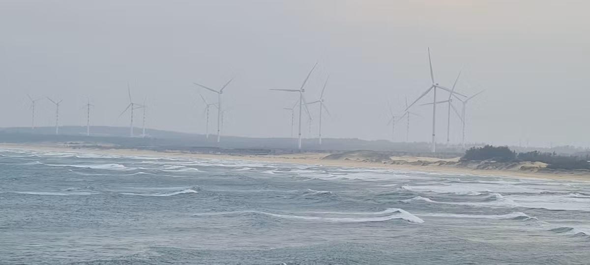 Phía trước là cánh đồng điện gió đẹp như tranh trên bán đảo Phương Mai.