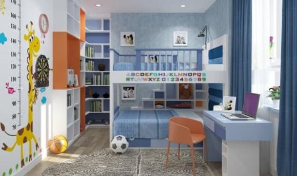 Cách phối màu của phòng trẻ em nên sinh động và dễ thương, các bé trai có thể sử dụng màu xanh lam làm màu chủ đạo. Các bé gái nên dùng màu be và một số điểm nhấn màu hồng. Tốt nhất là sử dụng nhiều hình nền hoạt hình hơn trong căn phòng của trẻ em, cũng như những đồ vật, chăn ga gối có hình hoạt hình với nhiều màu sắc để tạo không khí sinh động.