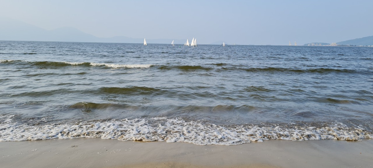 Những ngày này, trên bãi biển Nguyễn Tất Thành lại thấp thoáng những cánh buồm trắng căng gió lướt đi trên mặt biển xanh ngắt.