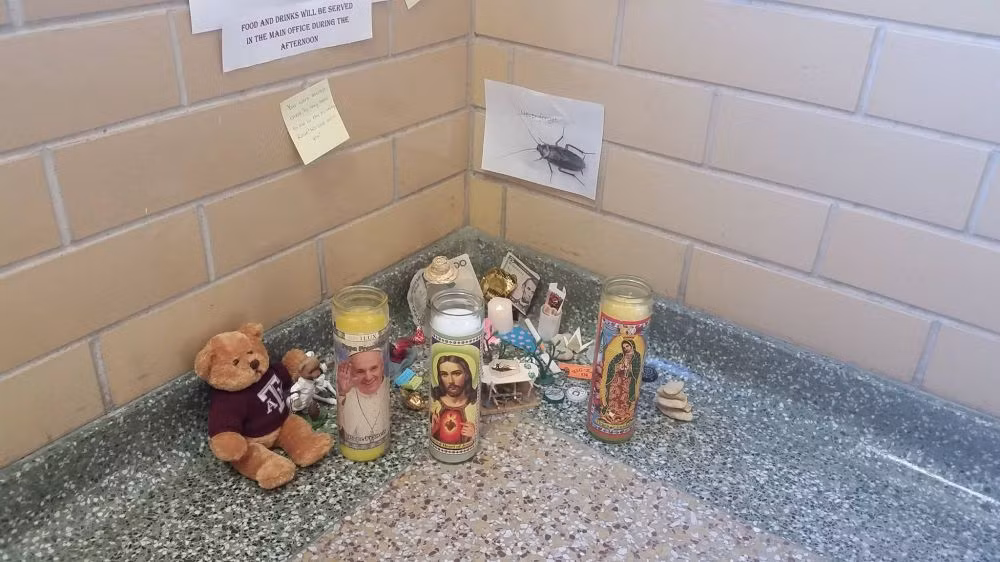 Sau khi có quan tài hẳn hoi, con gián cón được dâng tặng cả gấu bông và nước ngọt, tiền lẻ. (Nguồn Brilio)