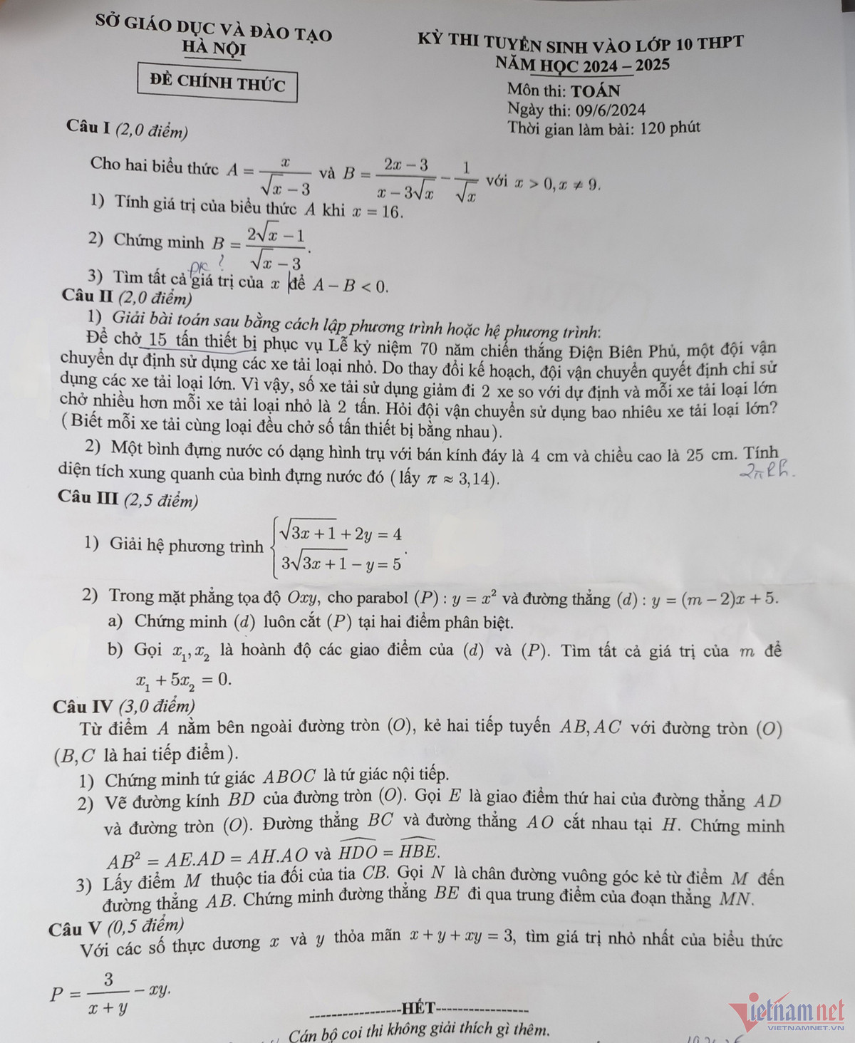 476 thi sinh bo thi mon Toan vao 10 o Ha Noi